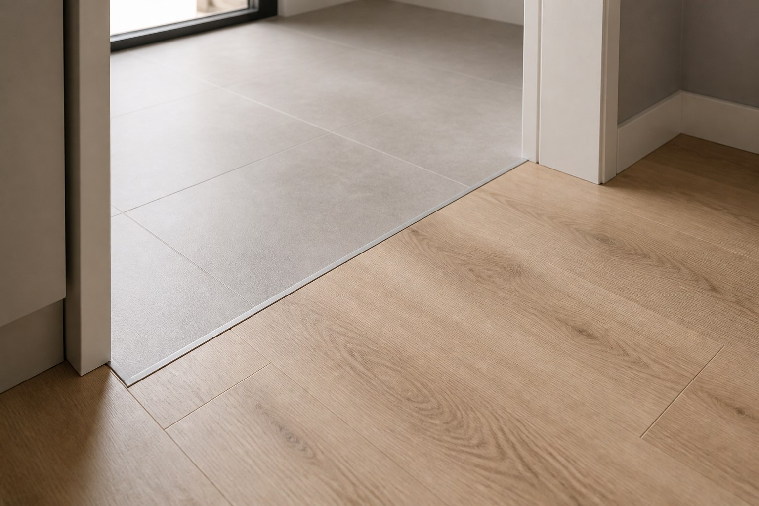 Unverbindliches Materialbeispiel für Holzoptik-Vinyl und graue Fliesen
