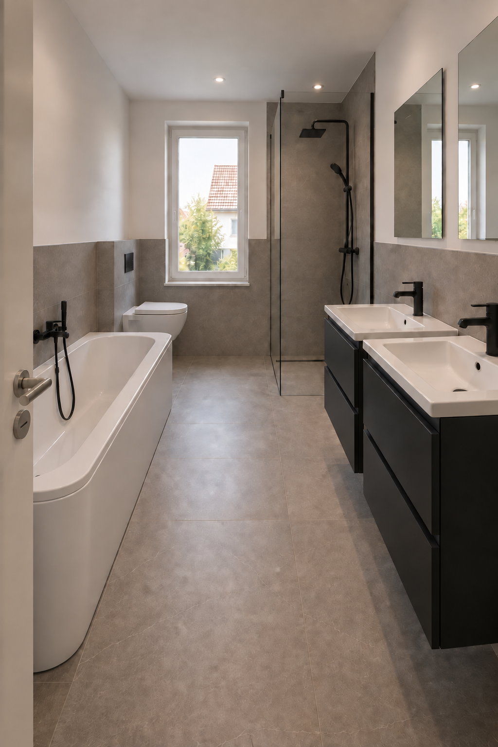 Familienbad im Reihenmittelhaus: zwei Waschtische, Badewanne, wandhängendes WC und Dusche mit Glaswand neben dem Fenster. Unverbindliche Visualisierung.