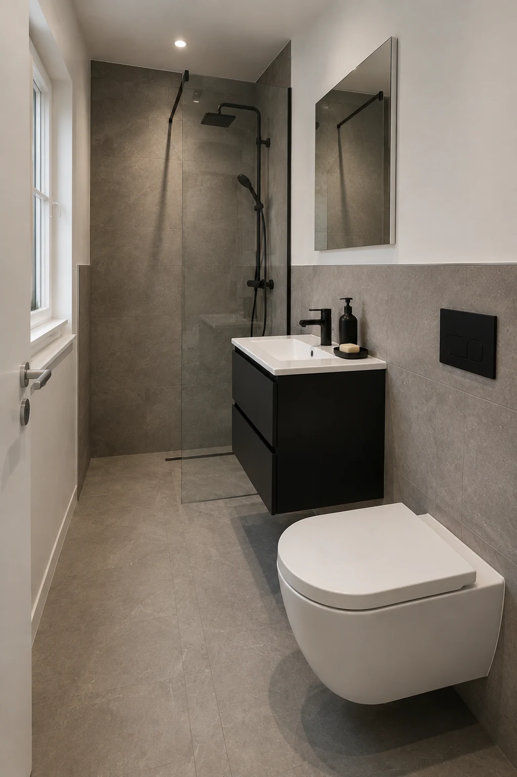Bad 01 vom Elternschlafzimmer aus: Dusche hinten, Waschtisch in der Mitte, WC vorne und Fenster links neben der geöffneten Tür. Unverbindliche Visualisierung.