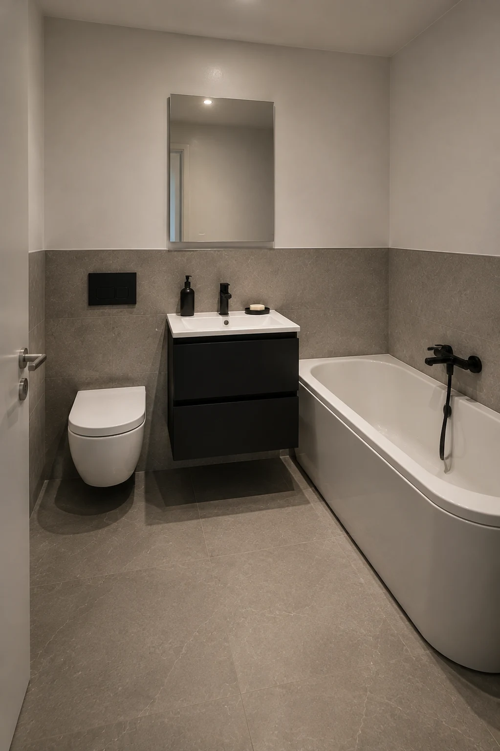 Bad 02 vom Flur aus: WC links, Waschtisch mittig und Badewanne an der rechten Wand. Unverbindliche Visualisierung.
