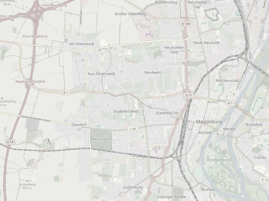 Karte von Magdeburg mit Stadtfeld West, Diesdorf, Innenstadt und Elbe